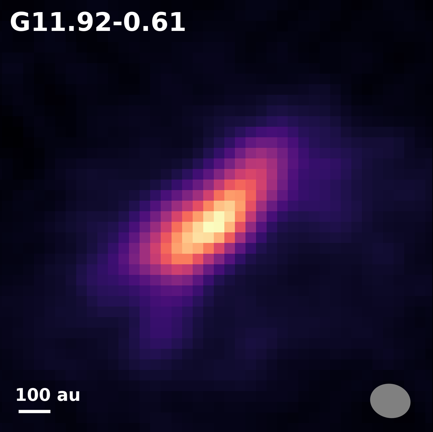 Example ALMA Band 6 continuum image from the sample (zoomed-in to show a disk in the massive protocluster G11.92-0.61).