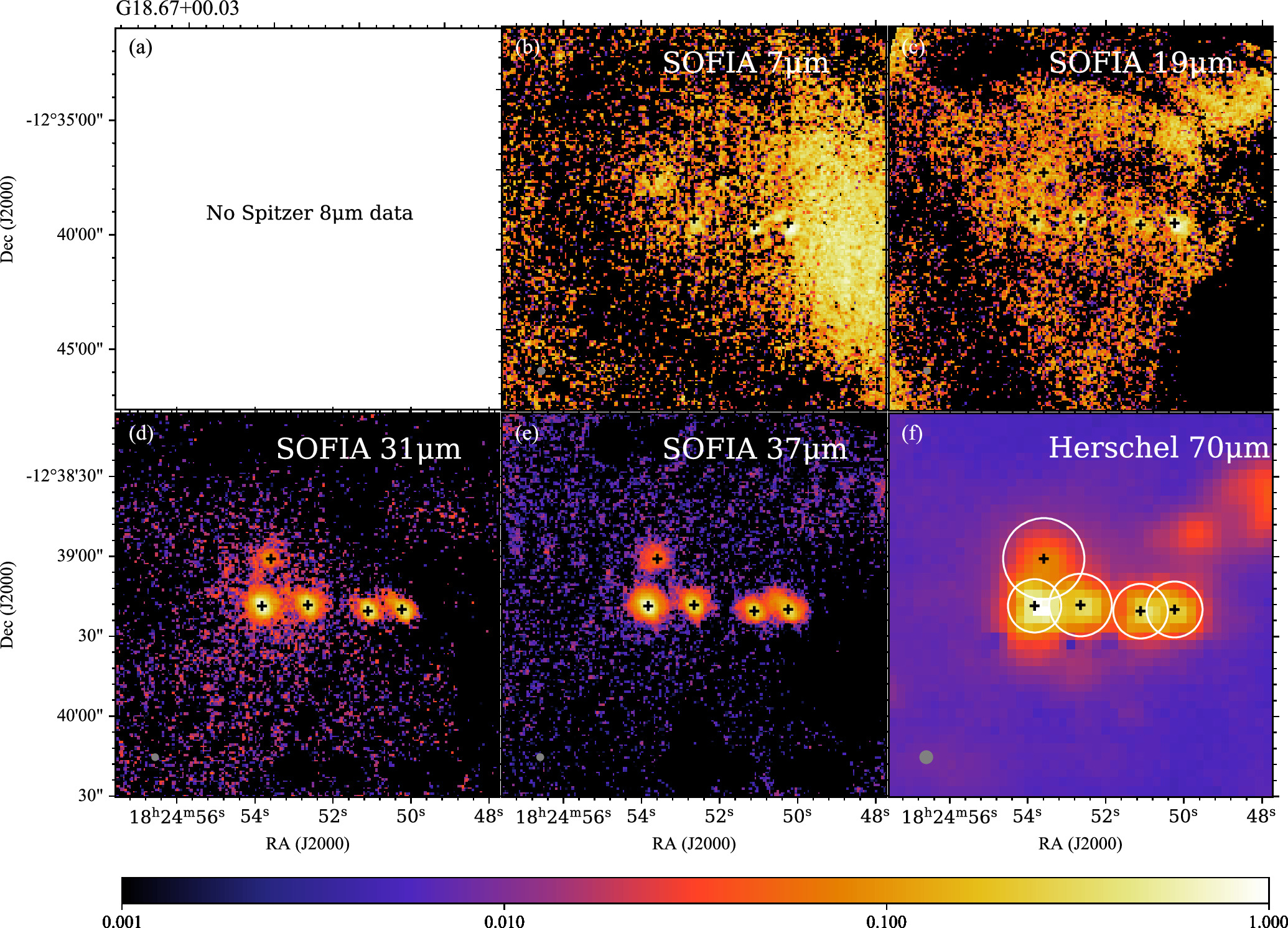 Multiwavelength images of the massive protostellar region G18.67